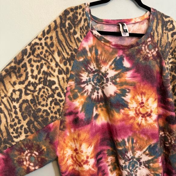 Yahada Top Womens 2X Plus Long Sleeve Tie Dye Cheetah Print Dolman Sleeve USA - Picture 4 of 8
